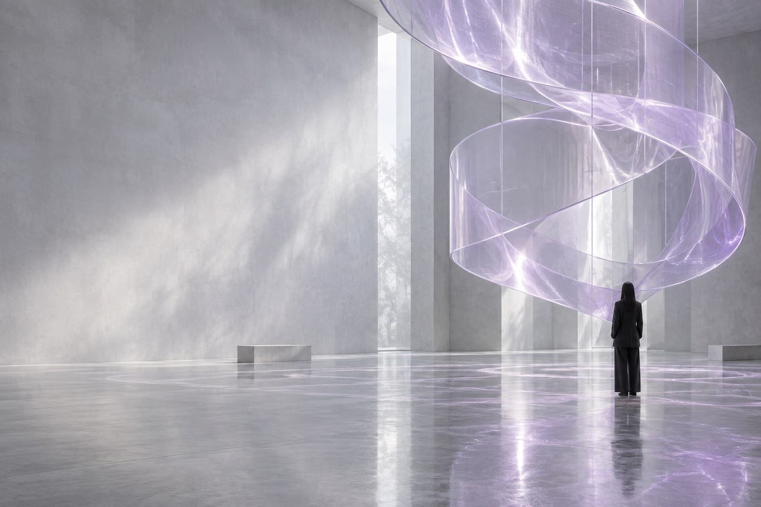A luminous lavender installation in a spacious gallery