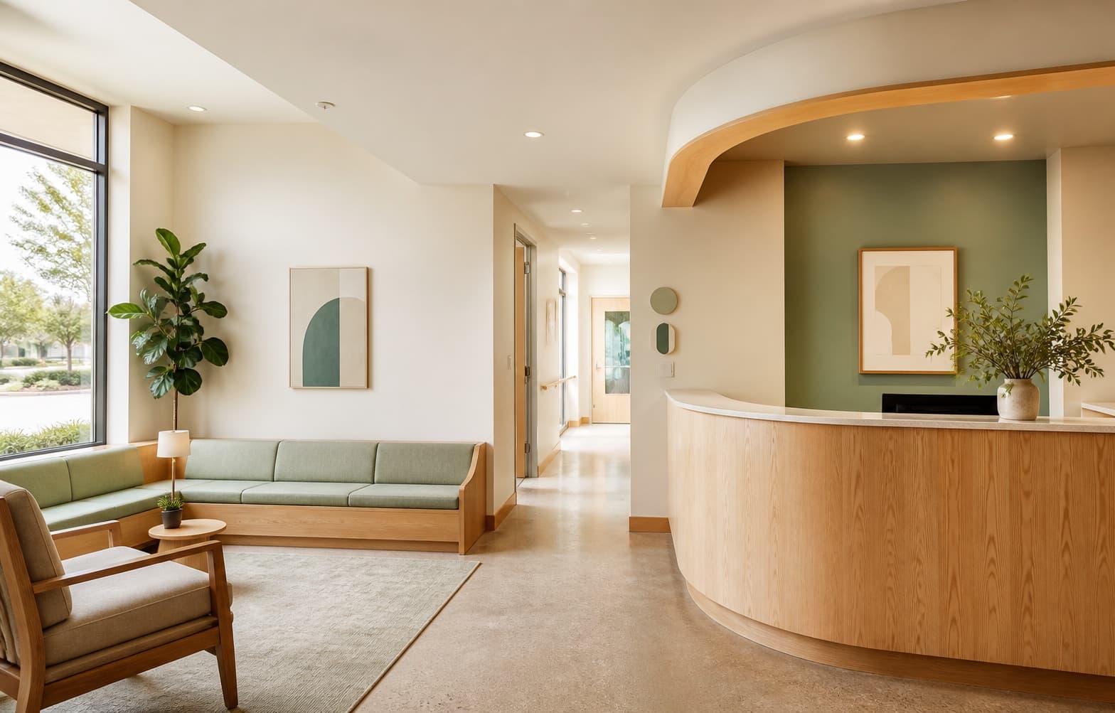 Warm reception and waiting area at the fictional ASTER clinic