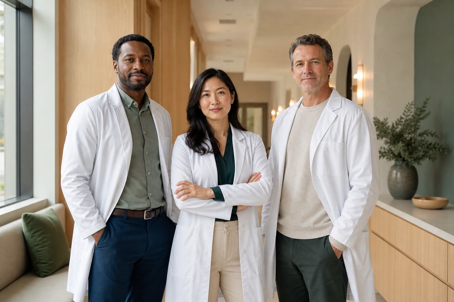 Three fictional physicians in a warm modern clinic