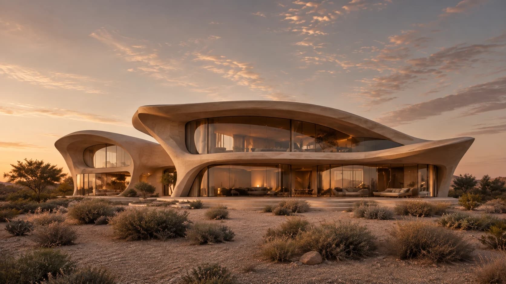 Sculptural sandstone residence overlooking the desert at sunset